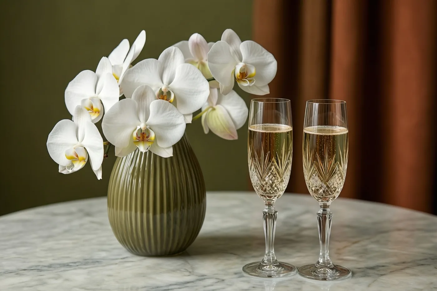 Een vaas met witte orchideeën staat naast twee kristallen fluiten met champagne op een marmeren tafel, voor een gedempt groene muur en een bruin gordijn.