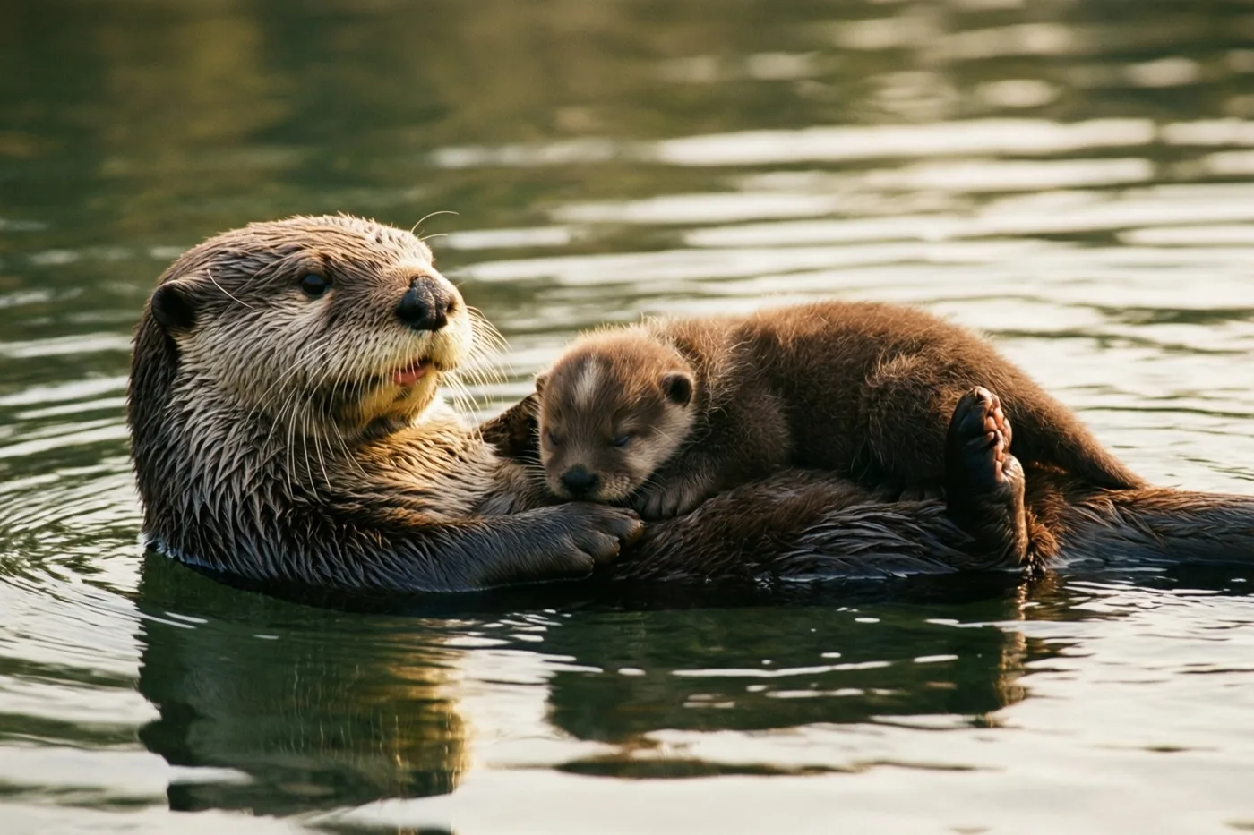 Een moederotter drijft in goudkleurig licht op haar rug in rustig water, met haar pluizige jong slapend op haar buik.