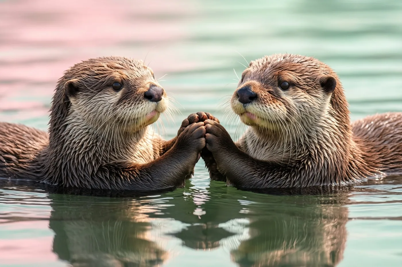 Twee otters drijven op hun rug in kalm water en houden elkaars pootjes vast, in zacht warm zonlicht met pastelroze en blauwgroene watertinten.
