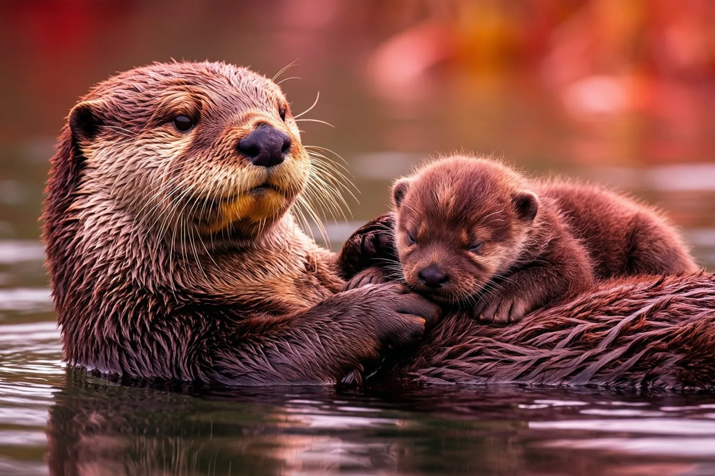Een moederotter drijft op haar rug met haar slapende, pluizige jong op haar buik, in kalm water met warme bruine en oranje tinten.