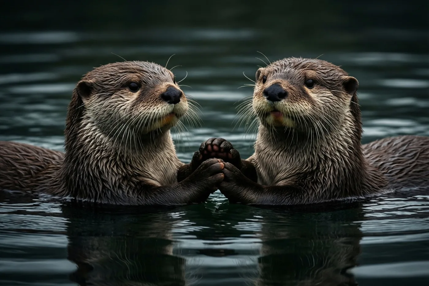 Twee otters drijven naast elkaar op kalm, donker water en houden elkaars poot vast, in gedempte bruine, grijze en donkergroene tinten.