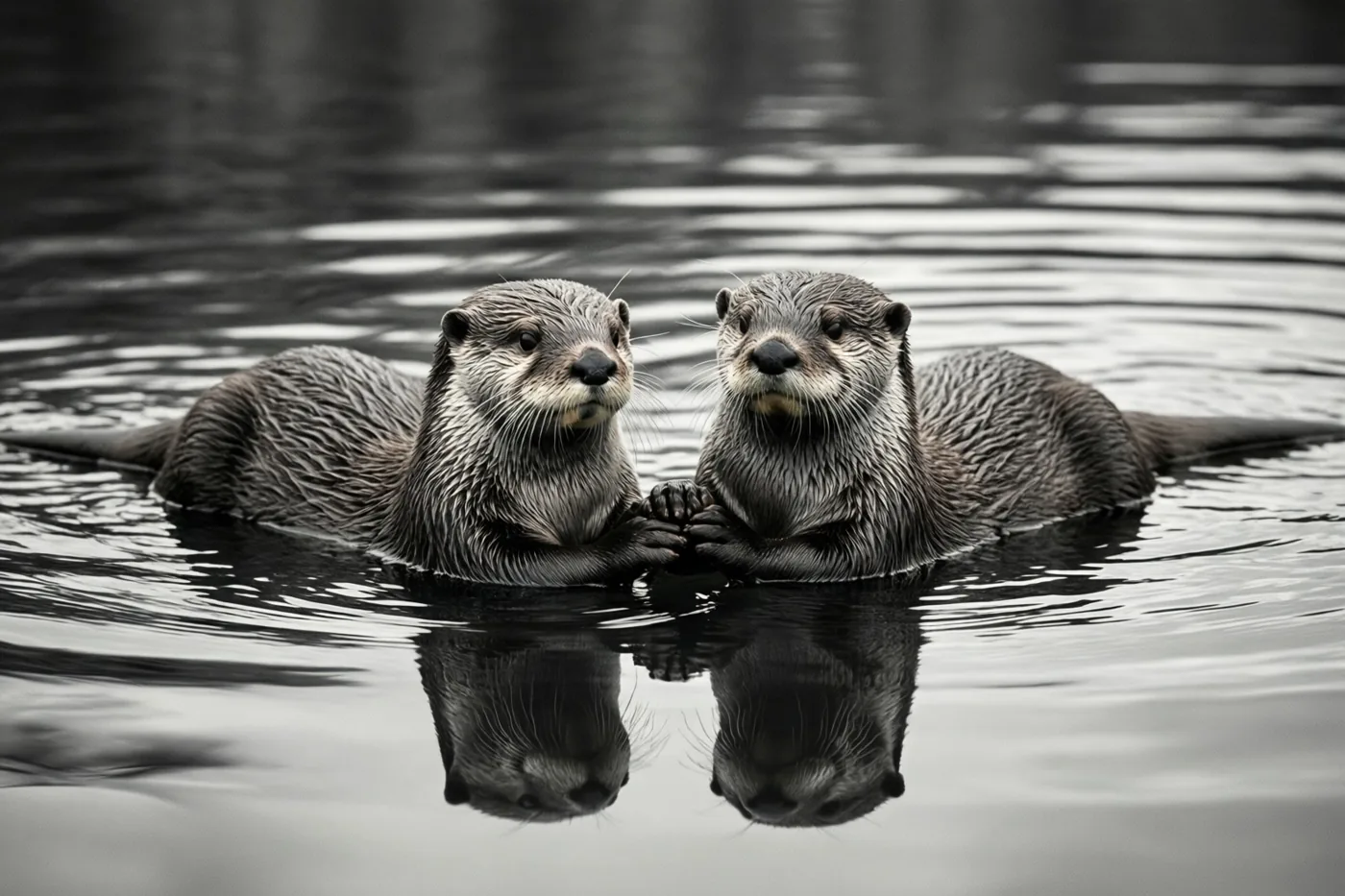 Twee otters drijven naast elkaar op rustig water en houden elkaars poot vast op een zwart-witfoto.