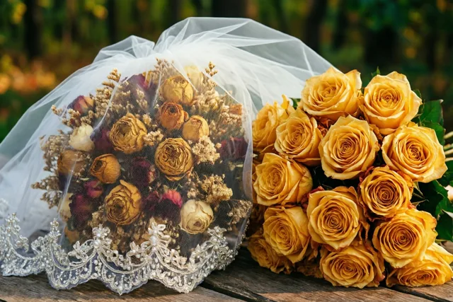 Een gedroogd bruidsboeket onder een oude witte sluier met kanten rand ligt naast een vers boeket goudgele rozen op een houten ondergrond, buiten voor een onscherpe groene en gouden achtergrond.