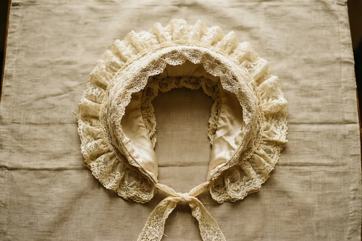 Een oud doopmutsje uit de familie met een fijn uitgewerkte kanten rand ligt op een linnen doek met zichtbare structuur.