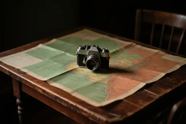 Een oud fototoestel ligt op een opengevouwen landkaart op een houten tafel in gedempt licht.