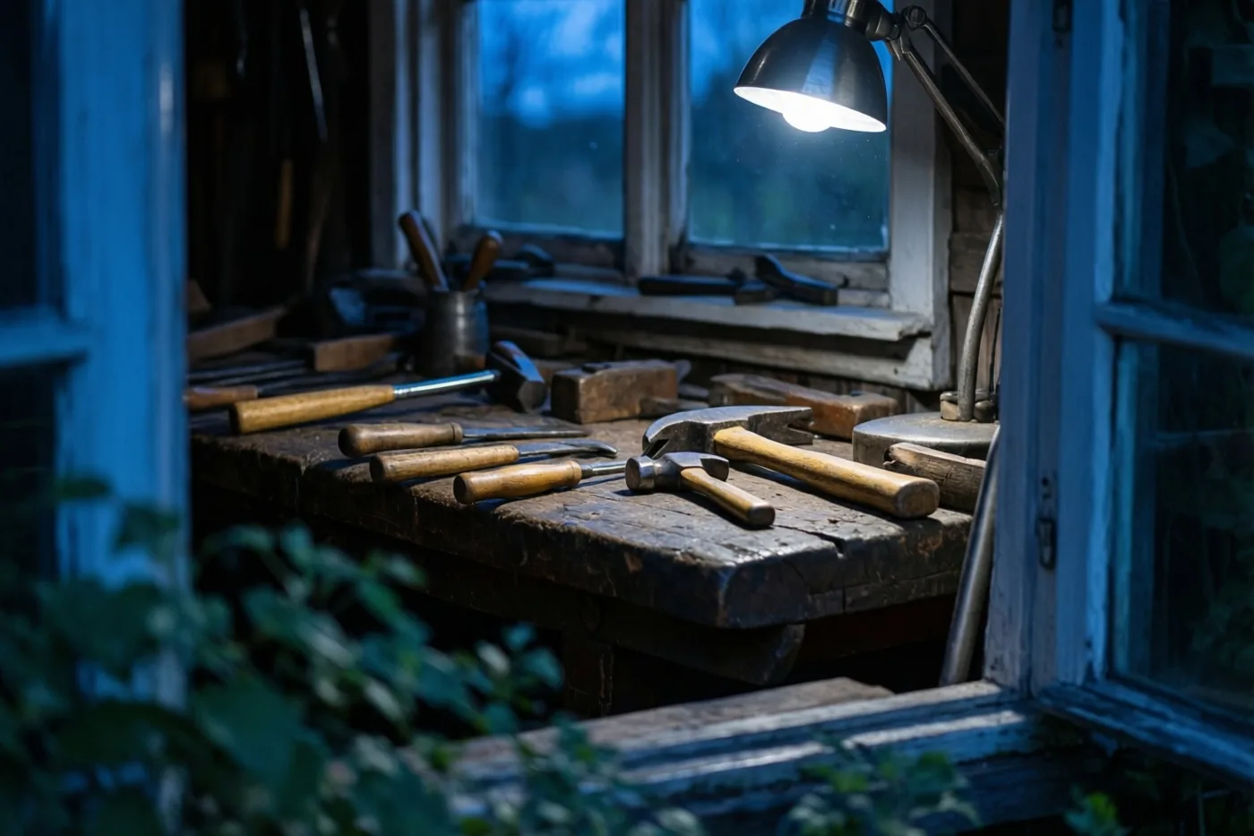Oud gereedschap met houten handvatten ligt op een verweerde houten werkbank onder het licht van één bureaulamp, in een schemerig atelier met een raam op de achtergrond.