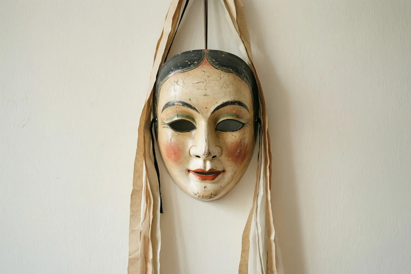 Een oud masker van papier-maché met geschilderde gelaatstrekken, gebarsten verf en vervaagde kleuren hangt aan beige papieren slingers tegen een effen muur.