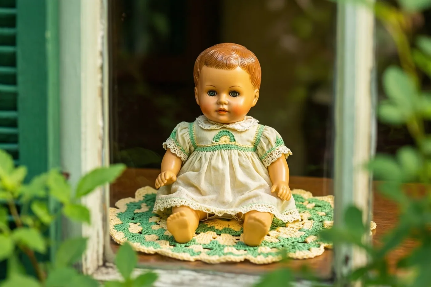 Een oude celluloid babypop met bruin haar en blauwe ogen zit op een groen en crèmekleurig gehaakt kleedje in een verweerd raamkozijn, omringd door groen.