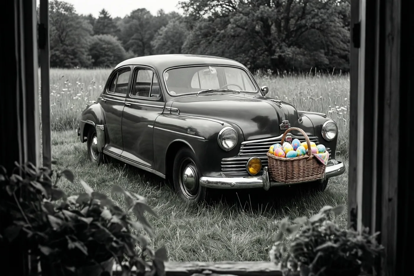 Door een houten raamkozijn is een oude auto in een grasweide te zien met een rieten mand beschilderde paaseieren op de voorbumper, in een grotendeels monochroom beeld met kleur op de eieren.