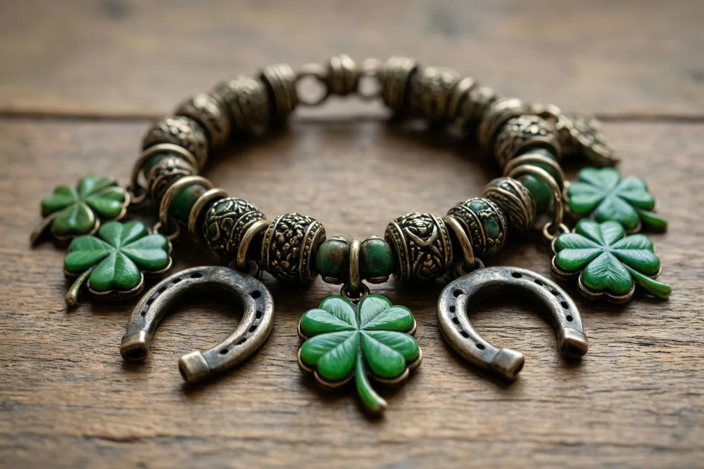 Een sierlijke oude bedelarmband met groene klavertjesvier en hoefijzers ligt op een rustiek houten oppervlak in groene en metaalbruine tinten.