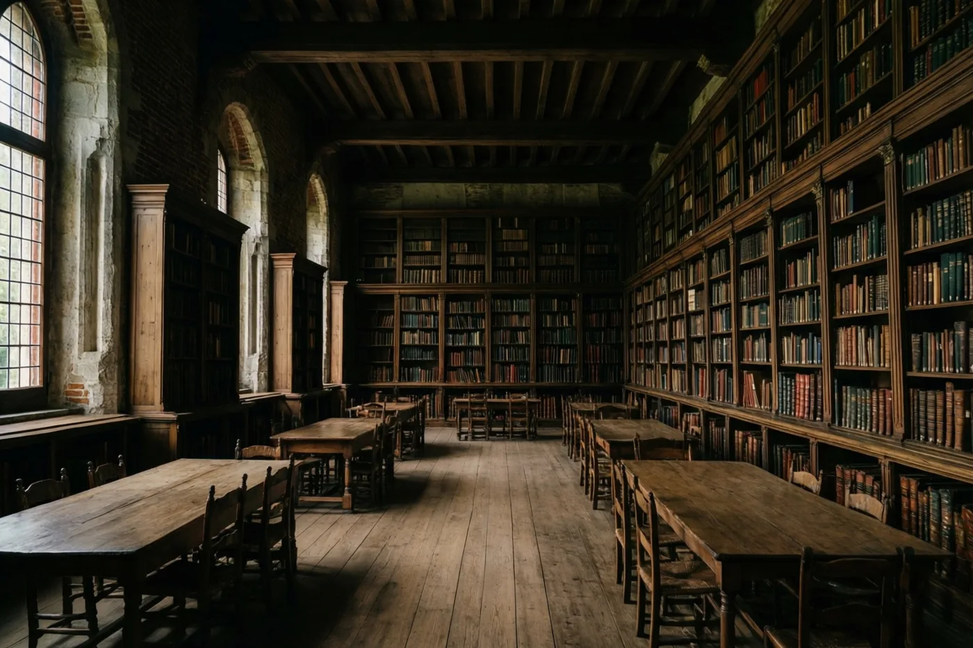 In een oude universiteitsbibliotheek staan houten boekenkasten en lange houten tafels met stoelen tussen donkere houttinten en grijze steen.