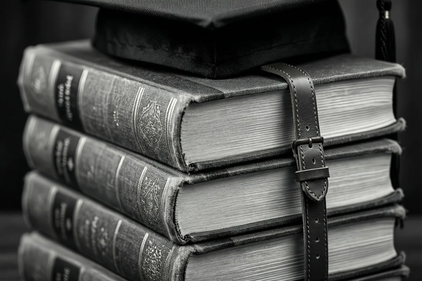 Een stapel oude boeken met stoffen kaften is samengebonden met een lederen riem en draagt een afstudeerhoed, in een monochroom beeld.