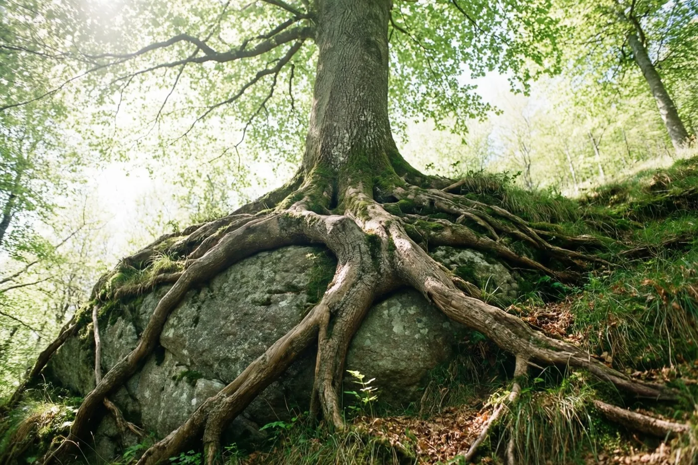 Een oude boom houdt met dikke, knoestige wortels een grote bemoste rots vast op een steile grashelling in een zonnig groen bos.