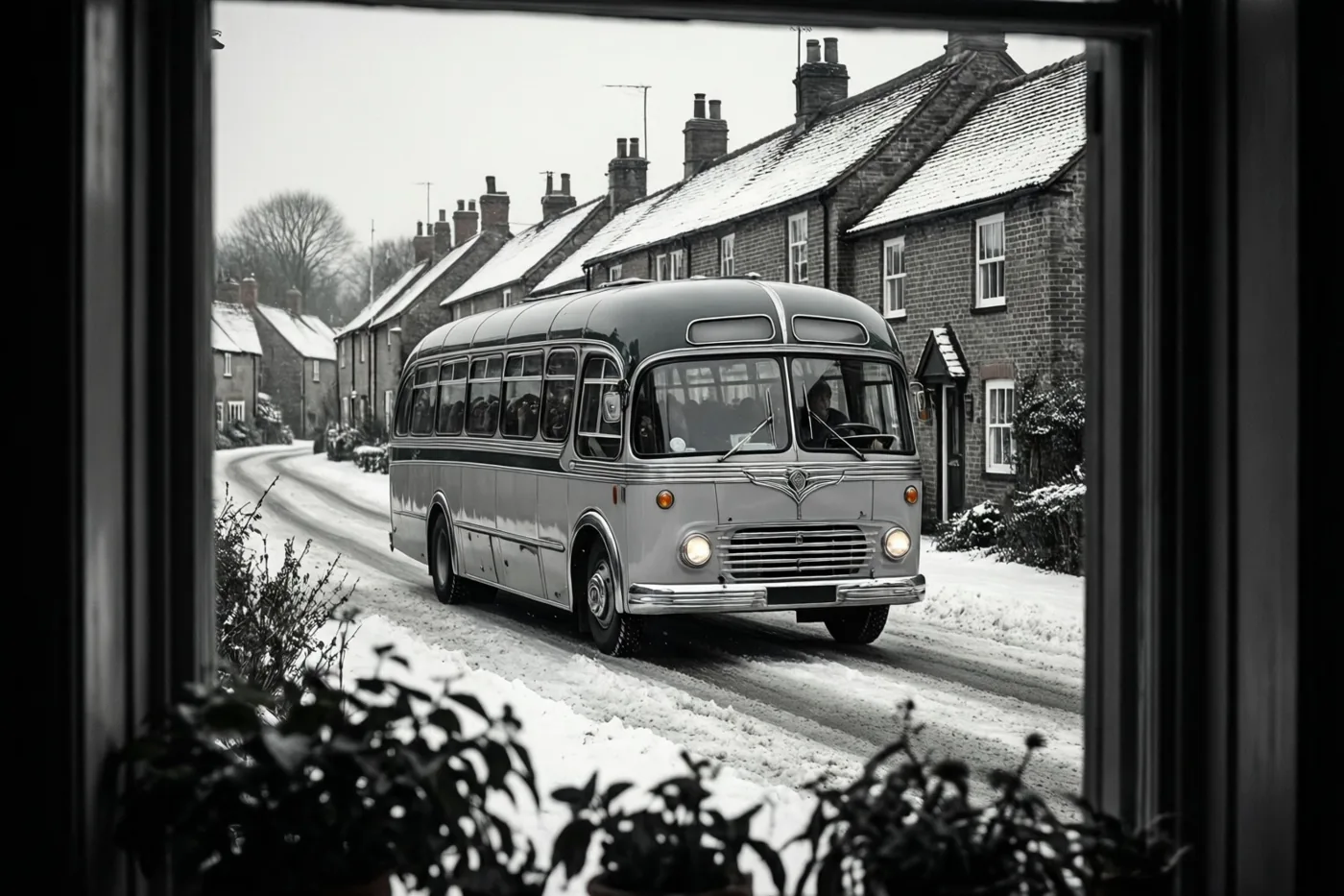 Door een raam zie je een ronde oude bus met verchroomde sierlijsten langzaam door een besneeuwde dorpsstraat rijden, met bakstenen huizen en besneeuwde struiken op de voorgrond.