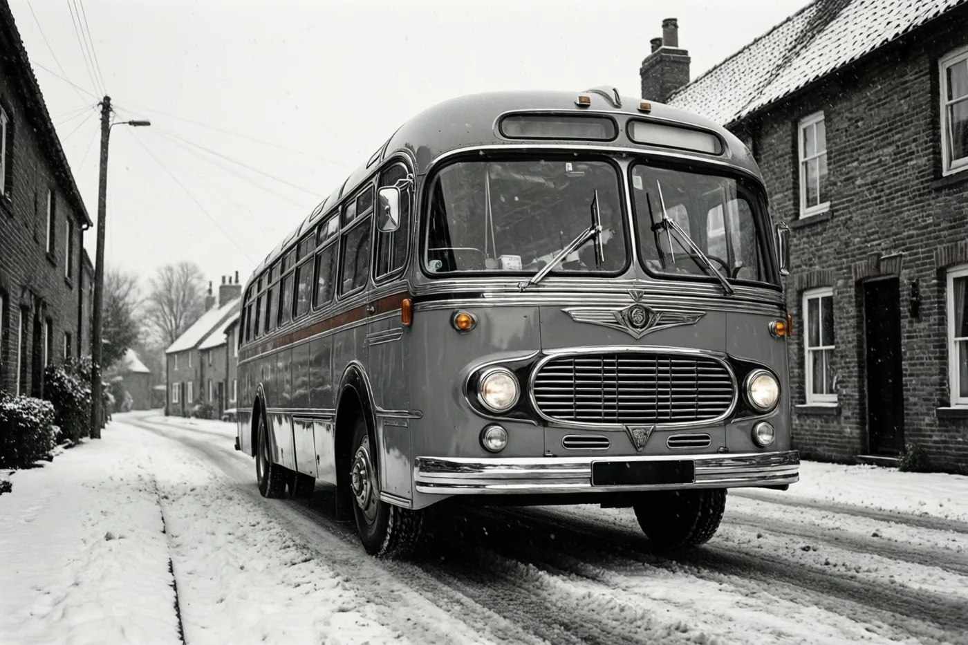 Een ronde oude bus met verchroomde sierlijsten rijdt langzaam door een besneeuwde dorpsstraat met bakstenen huizen onder een bewolkte hemel.