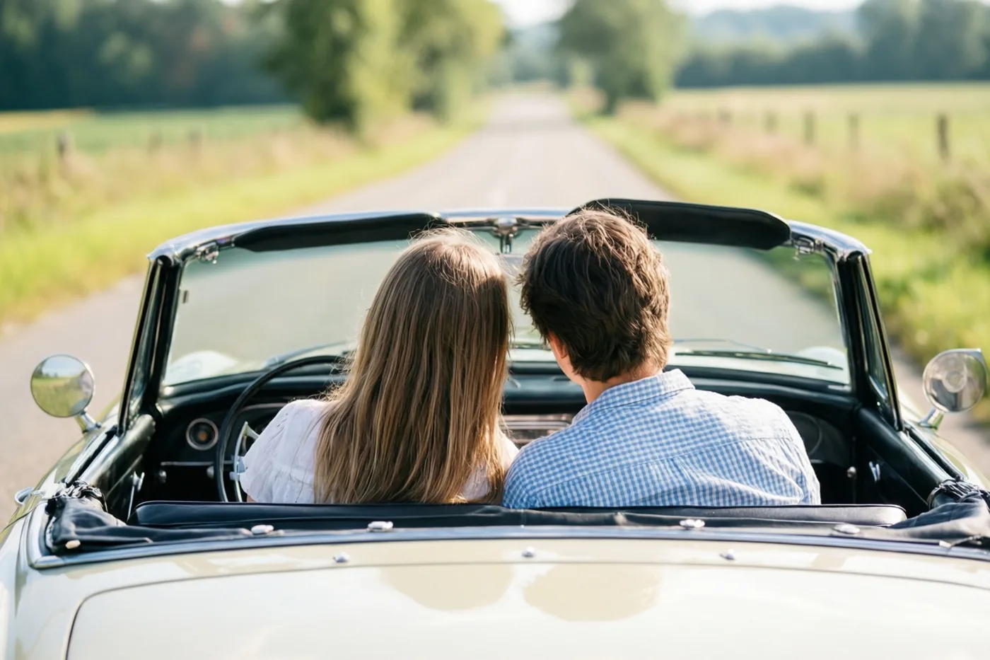 Twee mensen zitten in een oude cabrio die over een landelijke weg rijdt, van achteren gezien in warm zonlicht met groene velden en bomen op de achtergrond.