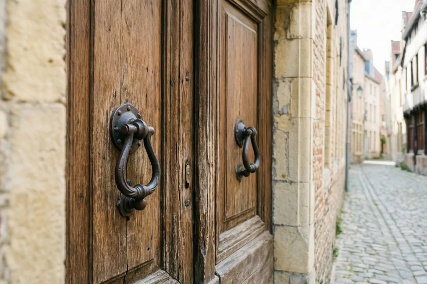 Een oude houten deur met sierlijke ijzeren kloppers staat in een smalle kasseisteeg in een historisch Vlaams stadje, in zacht daglicht.