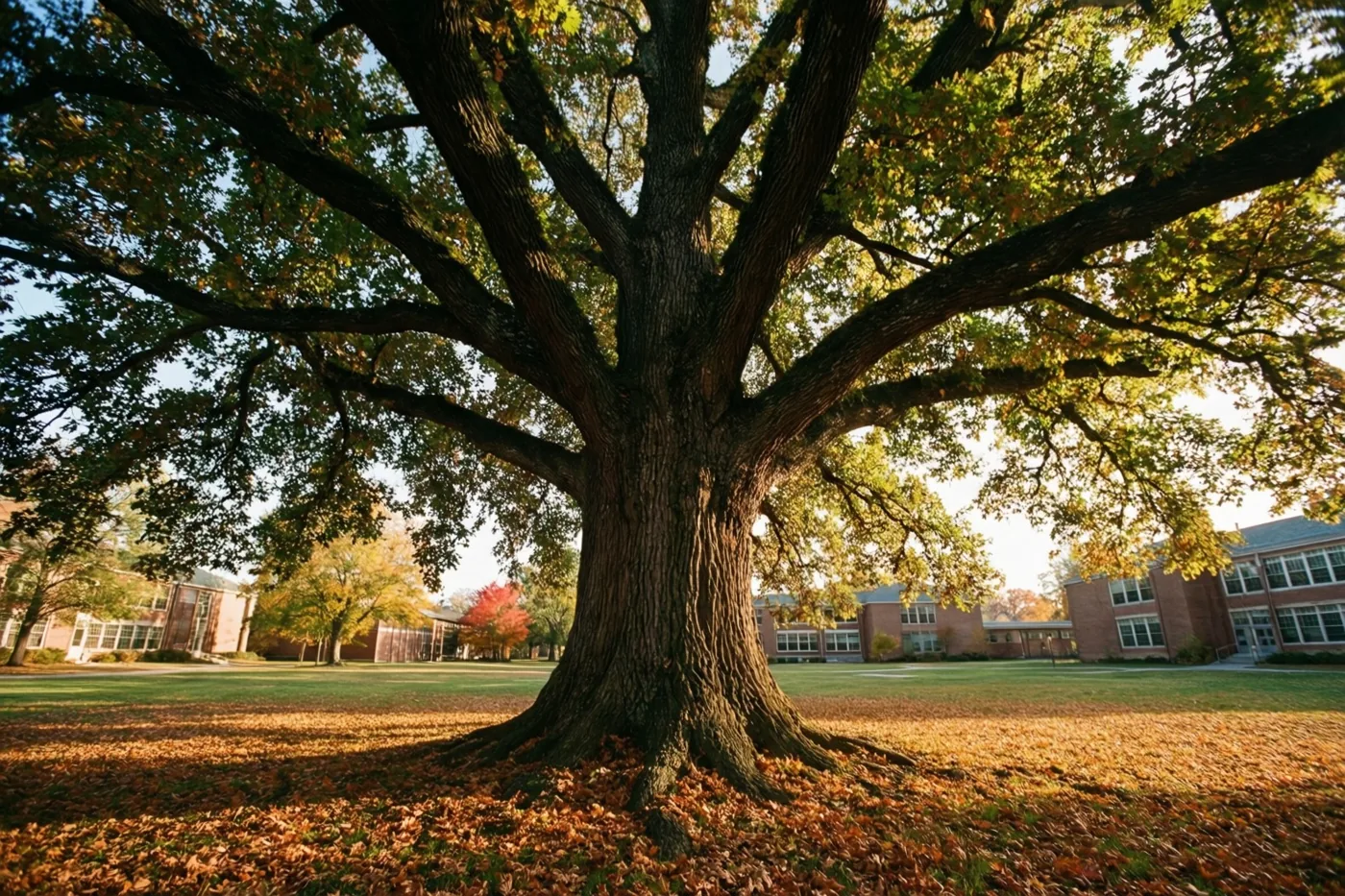 Een grote oude eik met brede takken staat op een stille speelplaats vol goudkleurige herfstbladeren, met bakstenen schoolgebouwen onder een heldere hemel.