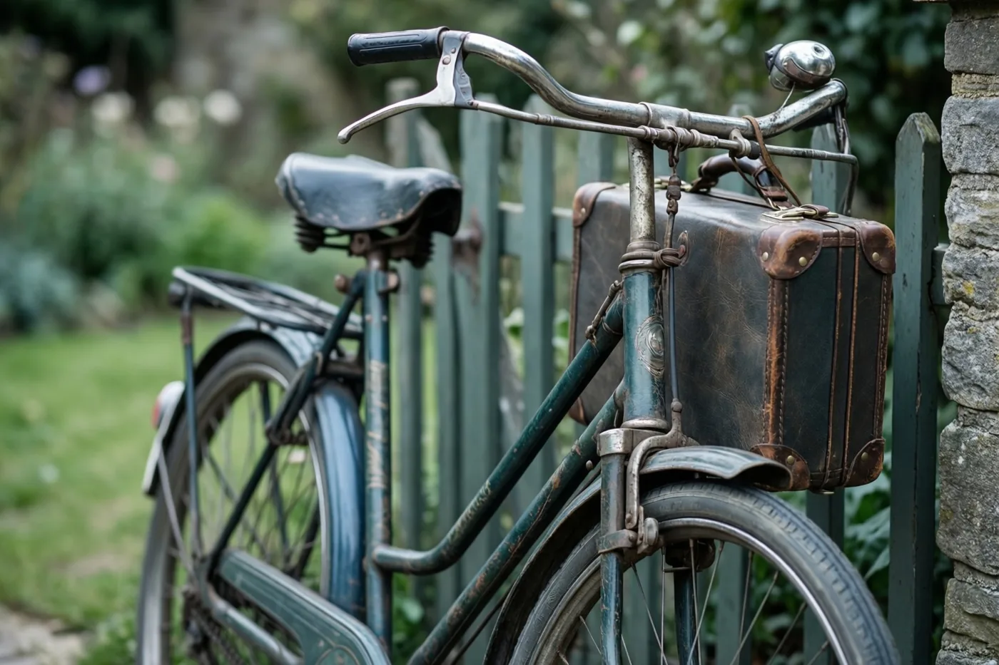Een oude fiets met een leren koffer leunt tegen een groen tuinhek in een tuin met groen gras en gebladerte.