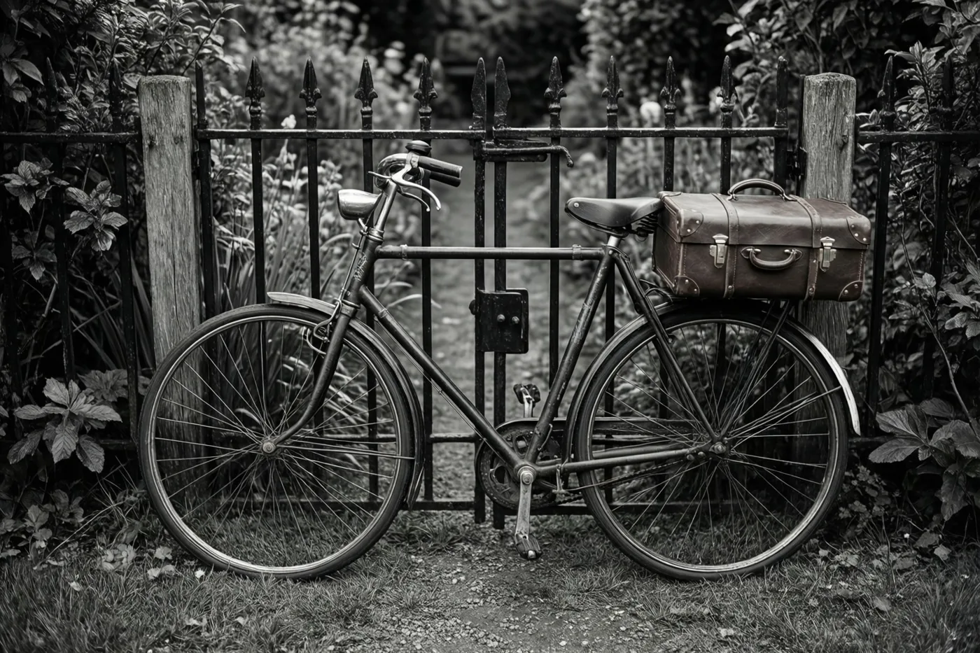 Een oude fiets met een leren koffer leunt tegen een zwart metalen tuinhek tussen gebladerte op een zwart-witfoto.