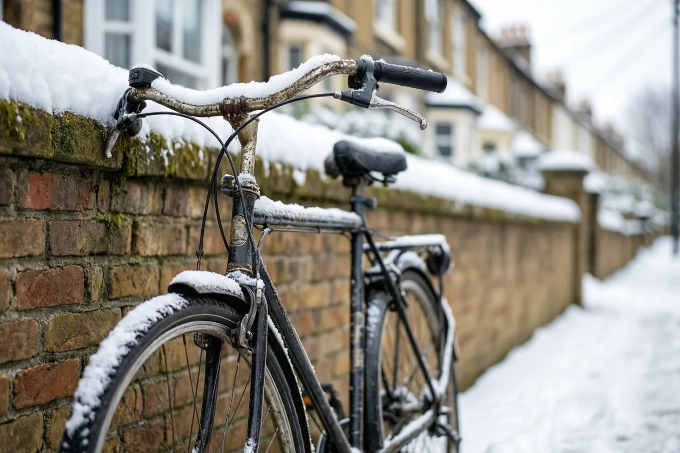 Een oude fiets leunt tegen een besneeuwde bakstenen muur in een woonstraat met sneeuw op de grond en de daken.
