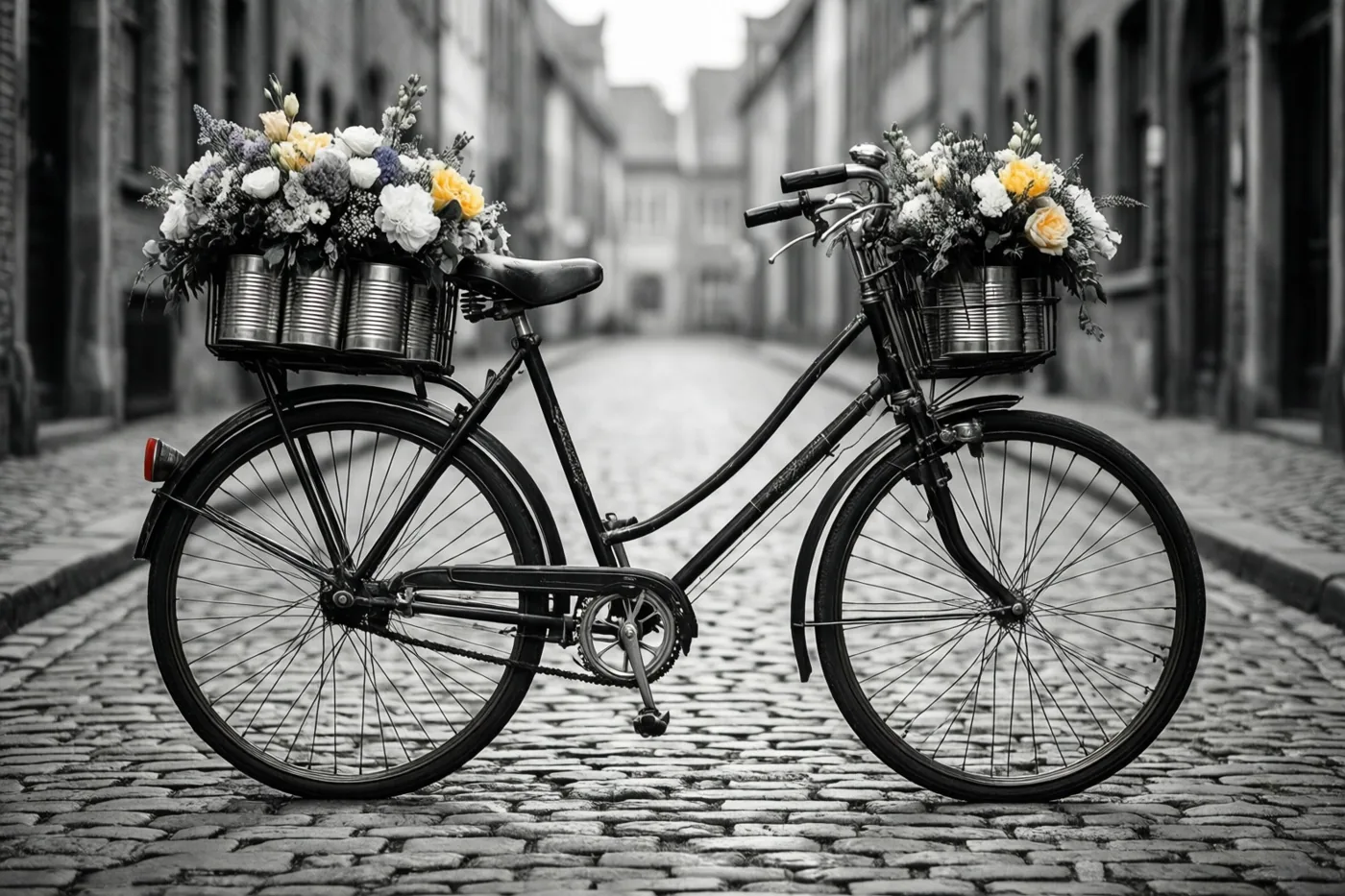 Een oude fiets met bloemstukken in blikken staat op een kasseistraat, waarbij de bloemen kleur hebben en de rest van de foto grotendeels zwart-wit is.
