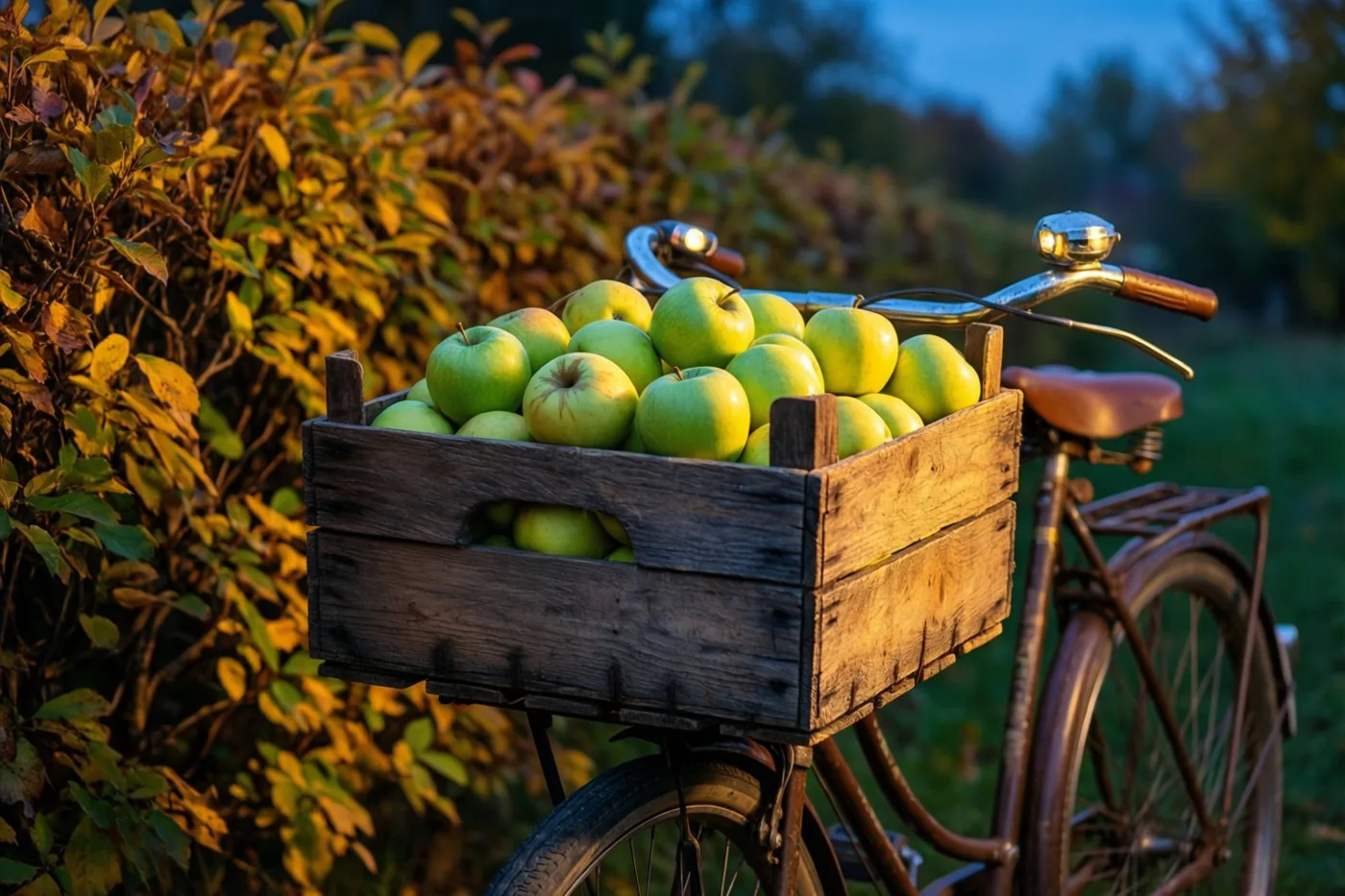 Een oude fiets met een houten kist vol groene appels staat naast een haag met gele en bruine herfstbladeren, in goudkleurig licht onder een schemerblauwe hemel.