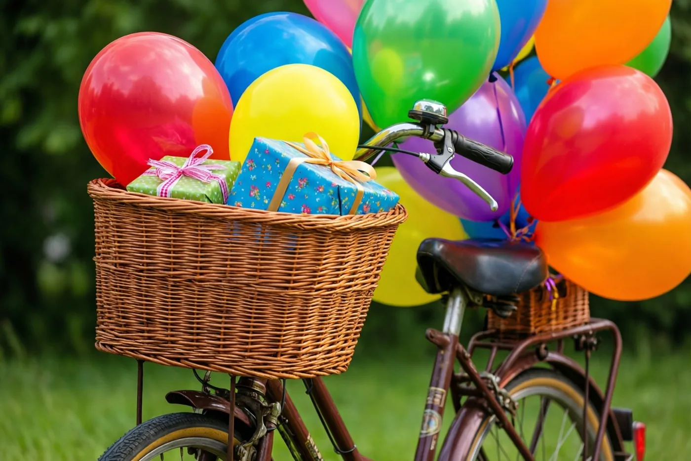 Een oude fiets staat op groen gras met een rieten mand vol kleurrijke ballonnen en ingepakte cadeaus, in vooral rode, gele en groene tinten.