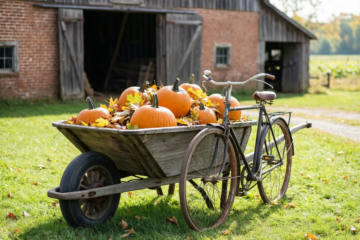 Een oude houten kruiwagen vol pompoenen en herfstbladeren hangt aan een fiets uit de jaren vijftig op het gras voor een bakstenen schuur in warm zonlicht.