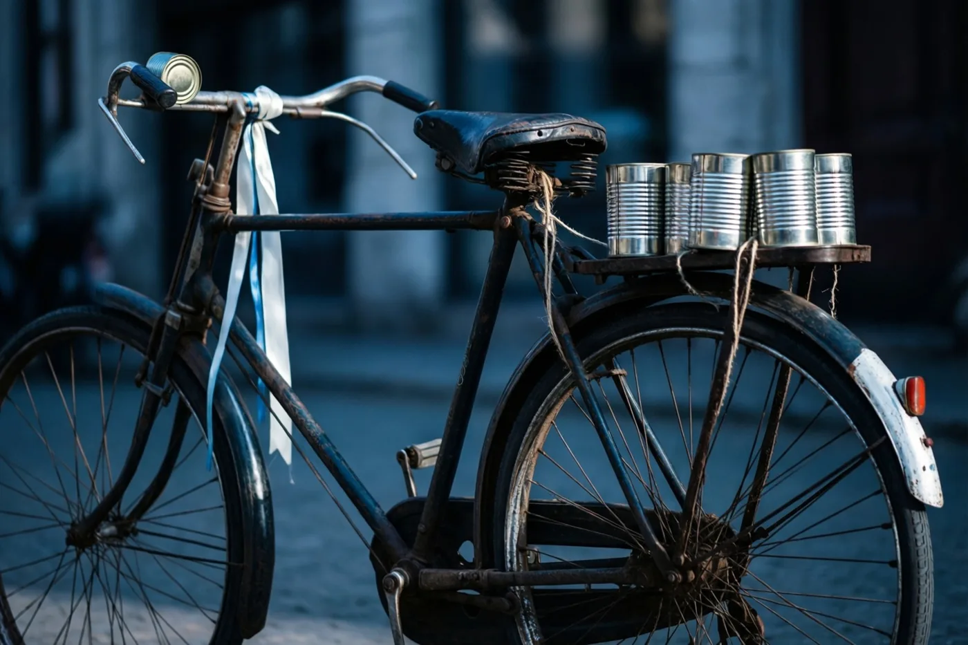 Een oude roestige fiets met een wit lint aan het stuur en blikken op de bagagedrager staat op straat, in koele blauwe en grijze tinten.