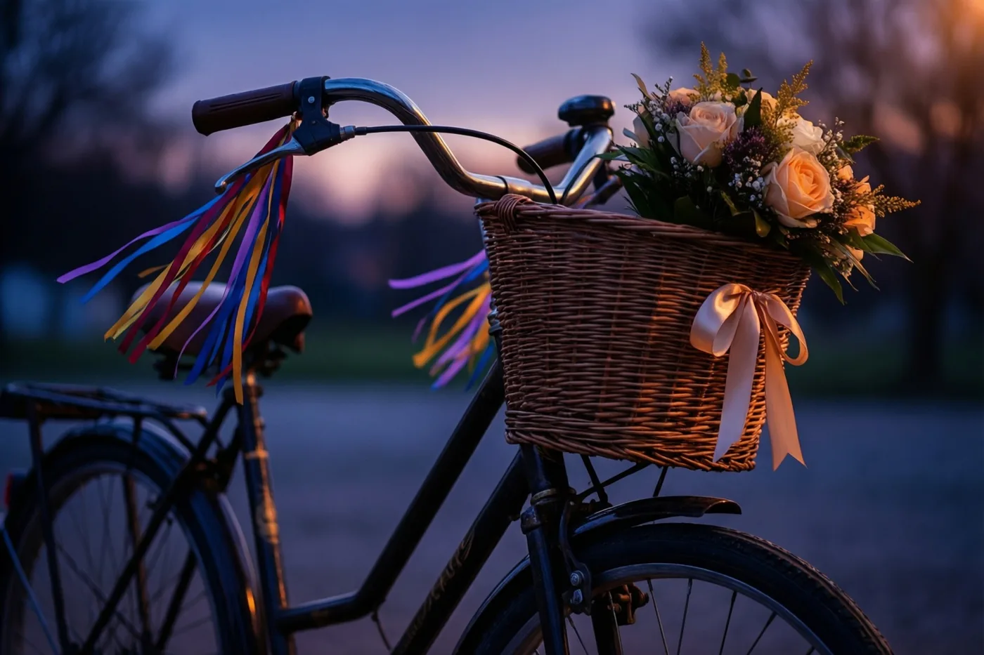 Een oude fiets met kleurrijke serpentines aan het stuur en een boeket rozen in een rieten mand met een lint staat tegen een schemerlucht in diepblauwe, warme perzik- en bruintinten.