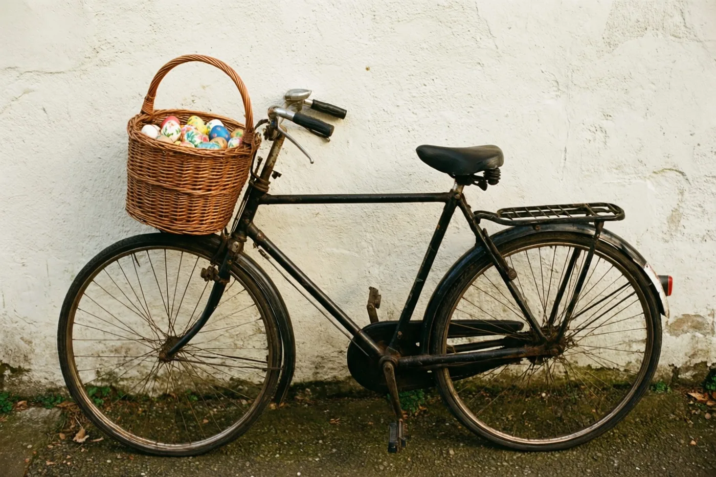 Een oude zwarte fiets met een rieten mand beschilderde paaseieren leunt tegen een witgekalkte muur met zichtbare structuur, in gedempte kleuren en zacht licht.