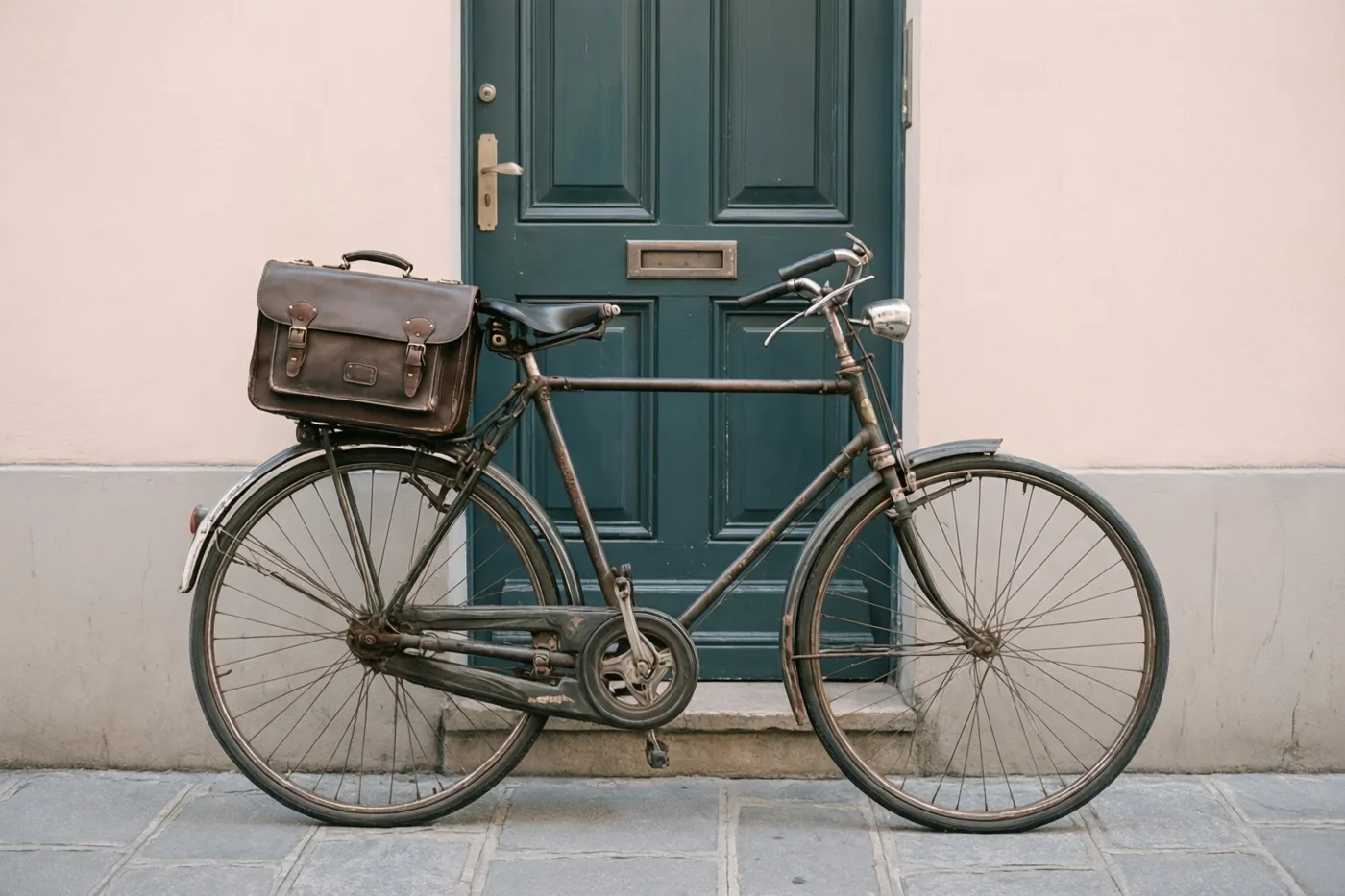 Een oude fiets met een bruine leren aktetas op de bagagedrager staat voor een donkergroene deur, tegen een lichtroze muur aan een grijze stenen stoep.