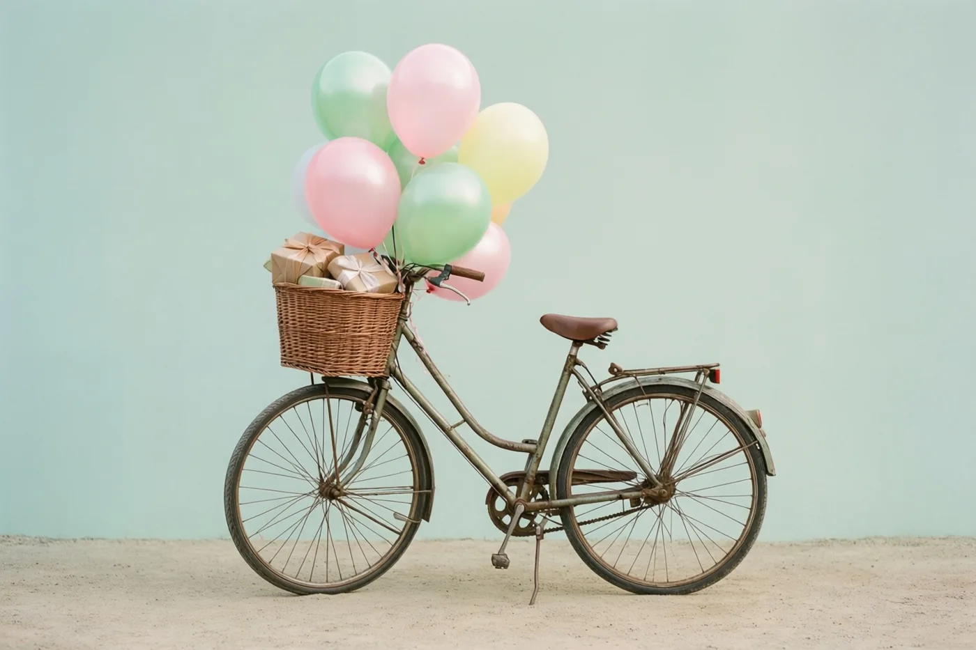 Een oude fiets met een rieten mand vol cadeaus en roze, mintgroene en lichtgele ballonnen staat op een zanderige ondergrond voor een lichtblauwe muur.