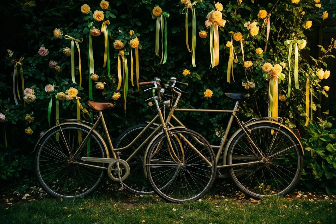 Twee oude fietsen leunen tegen elkaar bij een groene haag met gele rozen en zwierige linten in een tuin met zacht, warm licht.