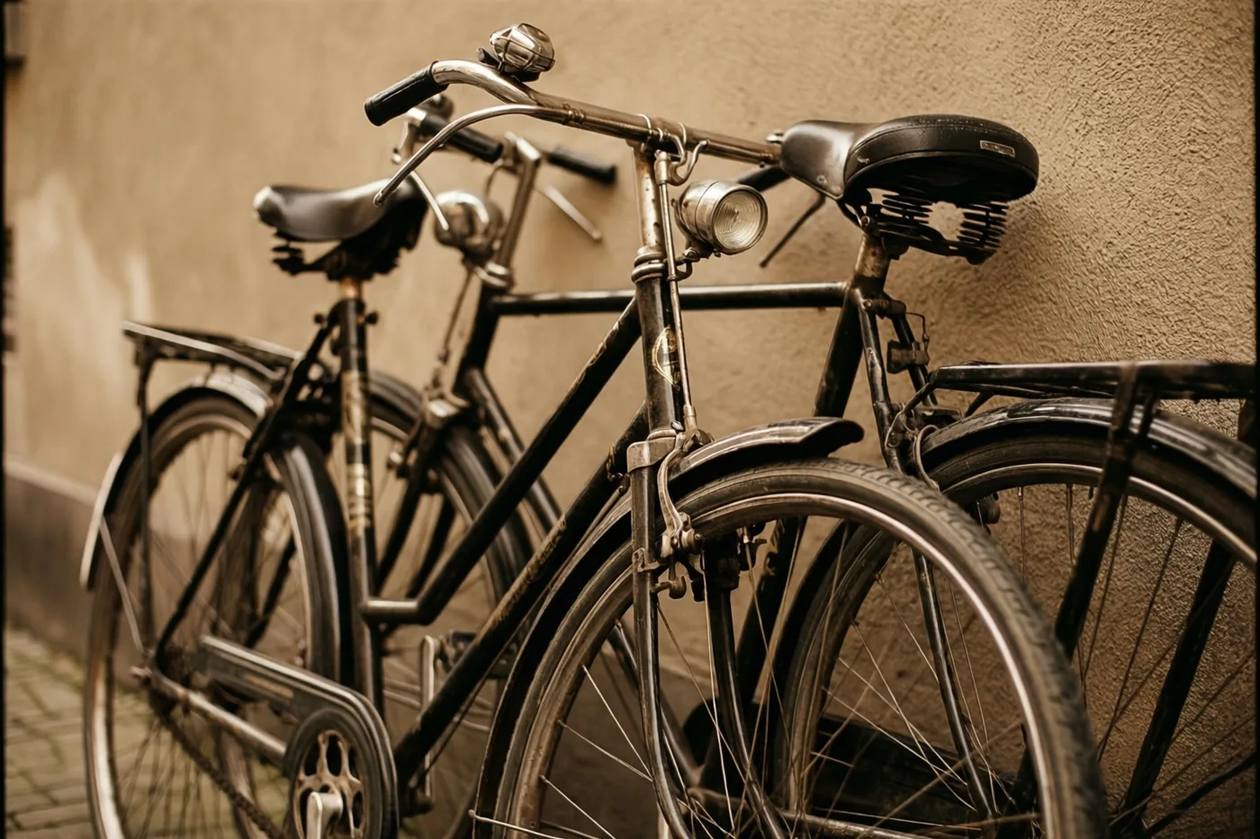 Twee oude fietsen staan tegen een muur met reliëf op een foto in sepiatinten.