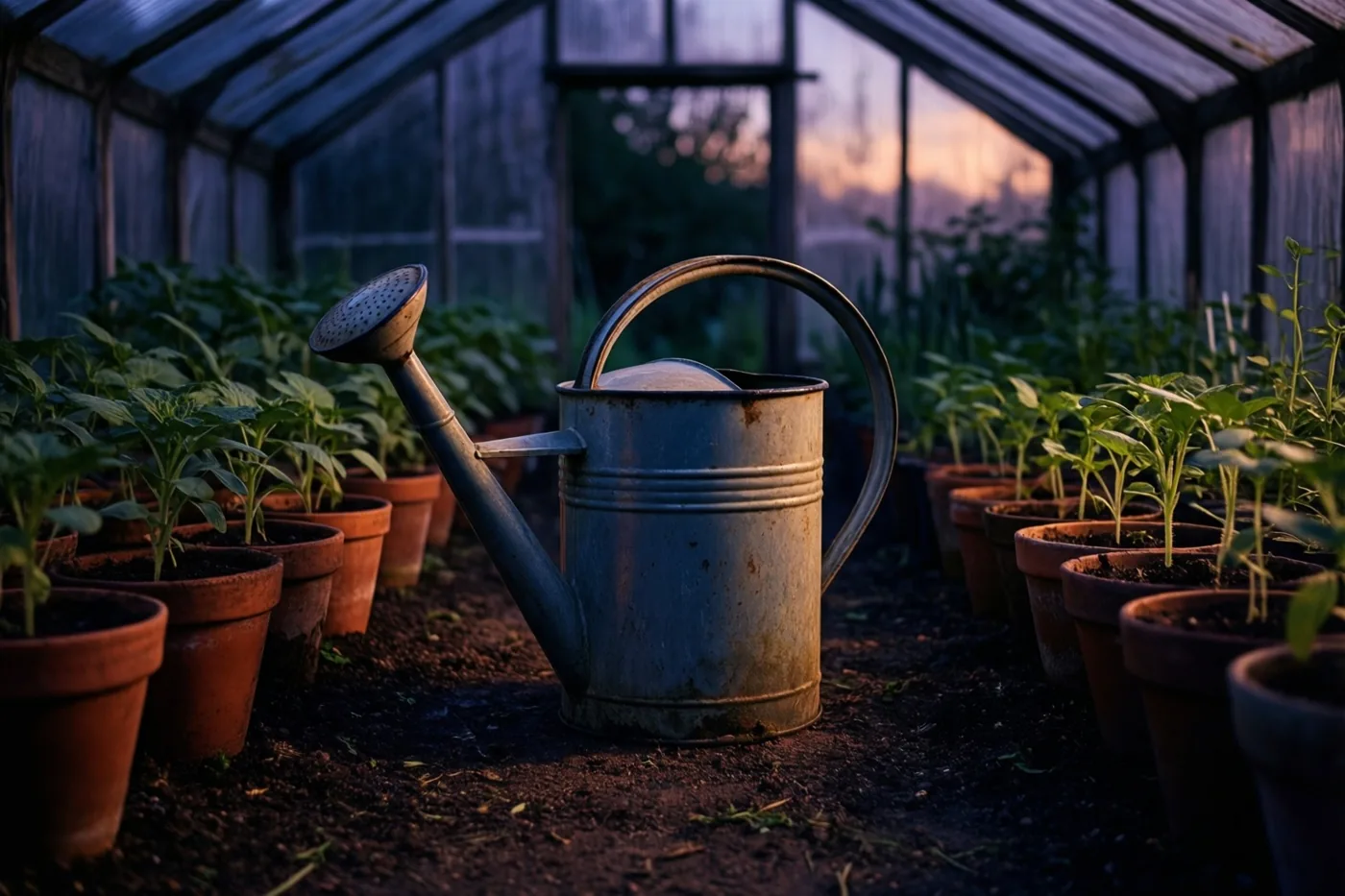 Een oude metalen gieter staat op donkere aarde tussen terracotta potten met groene zaailingen in een serre, met de ondergaande zon zichtbaar door het glazen dak.