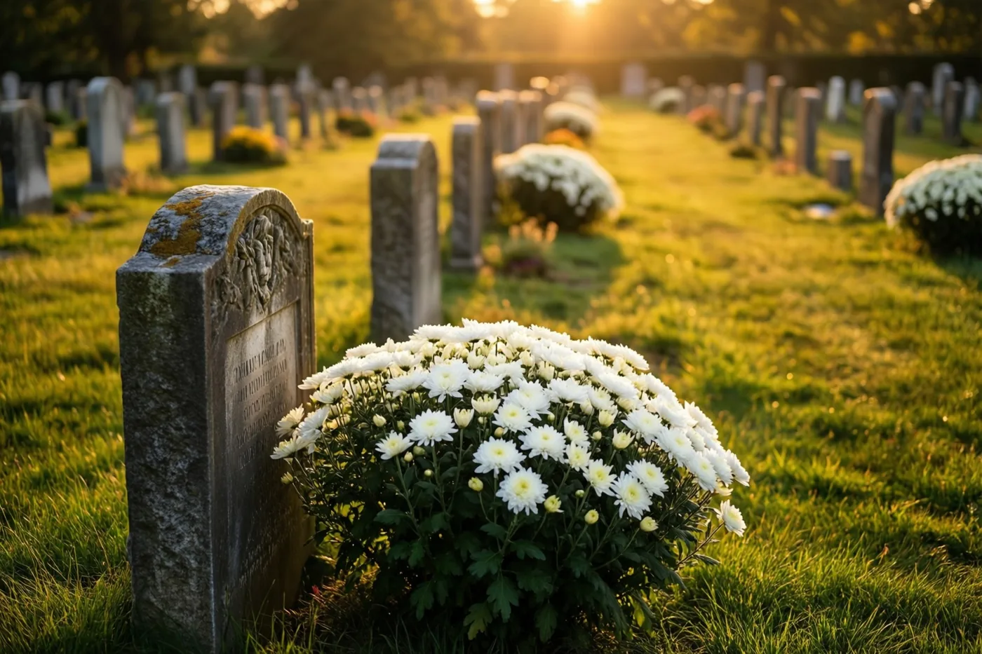Een rij oude grafstenen staat in het gras in goudkleurig avondlicht, met witte chrysanten bij het graf op de voorgrond en een wazige achtergrond.