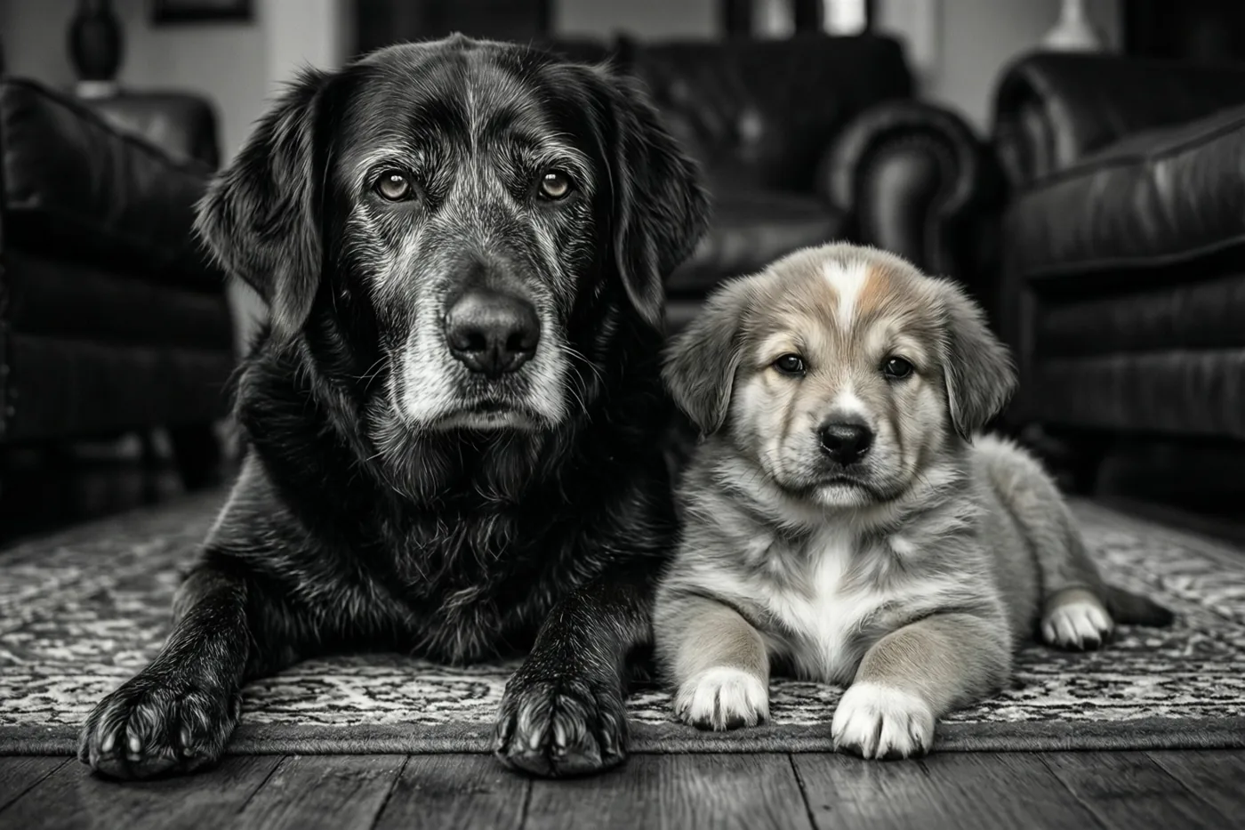 Een oude zwarte hond en een kleine lichtgekleurde puppy liggen naast elkaar op een vloerkleed met een patroon in een woonkamer, op een zwart-witfoto.
