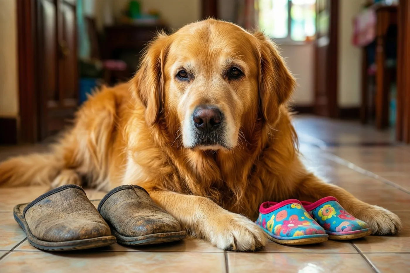 Een oude golden retriever ligt in warm licht op een tegelvloer tussen versleten volwassen pantoffels en kleurrijke kinderpantoffels.
