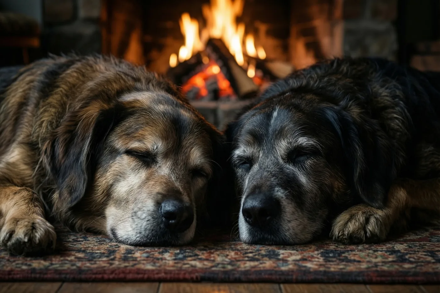 Twee oude honden slapen naast elkaar op een tapijt met patronen voor een warme, gloeiende open haard, in bruine, zwarte en oranje tinten.