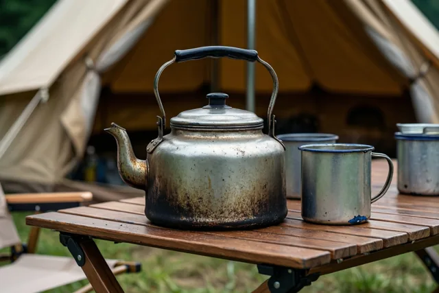 Een oude, veelgebruikte geëmailleerde kampeerketel en tinnen mokken staan op een houten klaptafel buiten voor een canvas tent.