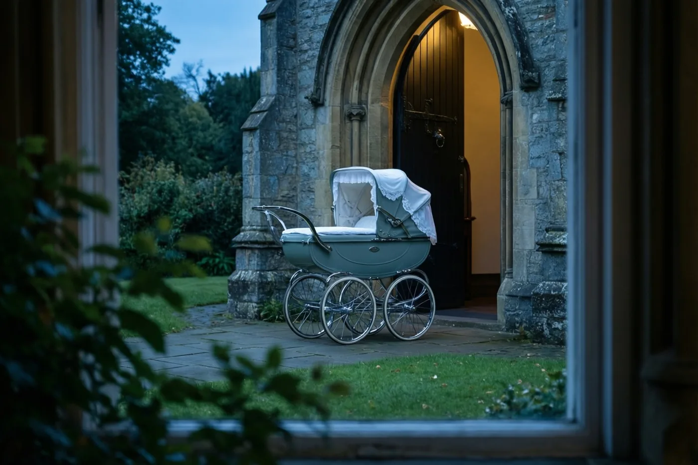 Door een raamkozijn is een oude kinderwagen met chromen wielen en een wit mutsje te zien bij een stenen kerkdeur, in blauwe schemertinten en warm licht van binnen.