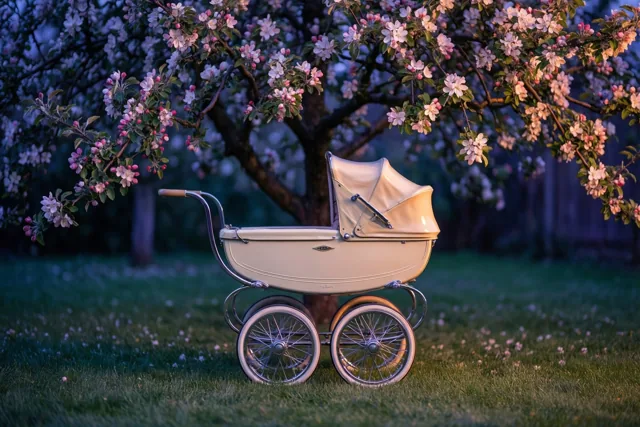 Lenteavond met een kinderwagen van toen