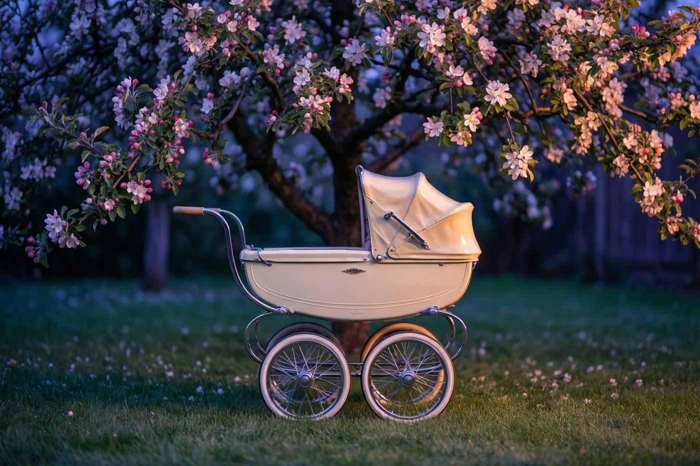 Een crèmekleurige kinderwagen uit de jaren vijftig met grote spaakwielen staat op groen gras onder een bloeiende appelboom in zacht schemerlicht.