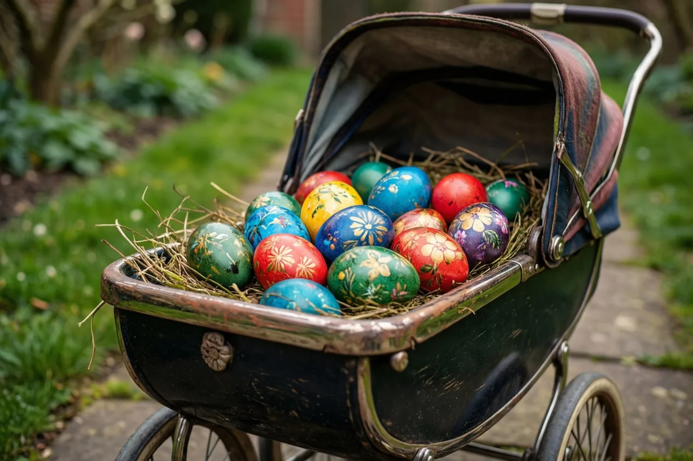 Een oude kinderwagen vol kleurrijk beschilderde paaseieren staat op een tuinpad, met groen gras en onscherp gebladerte op de achtergrond.