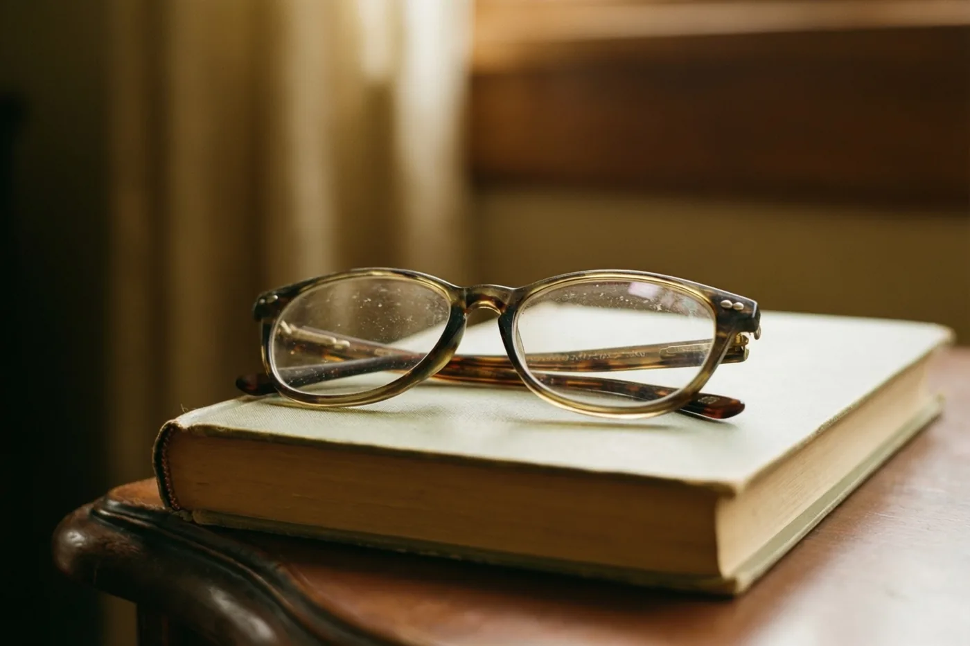 Een oude leesbril met schildpadmotief ligt op een gesloten, verweerd boek op een houten bijzettafeltje in warm, zacht licht.