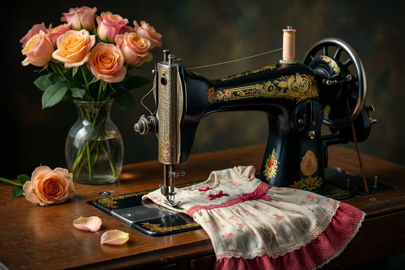 Een sierlijke oude naaimachine staat op een houten tafel met een gedeeltelijk genaaid bloemenkleedje onder de naald, naast een vaas perzikkleurige rozen en losse bloemblaadjes.