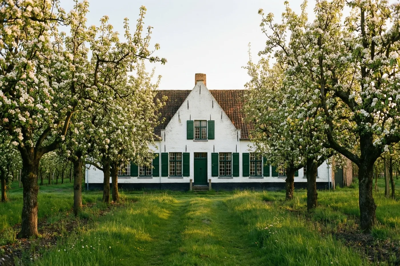 Rijen oude, bloeiende perenbomen staan rond een witgekalkte Vlaamse hoeve met groene luiken in een grasveld onder een bleke hemel.
