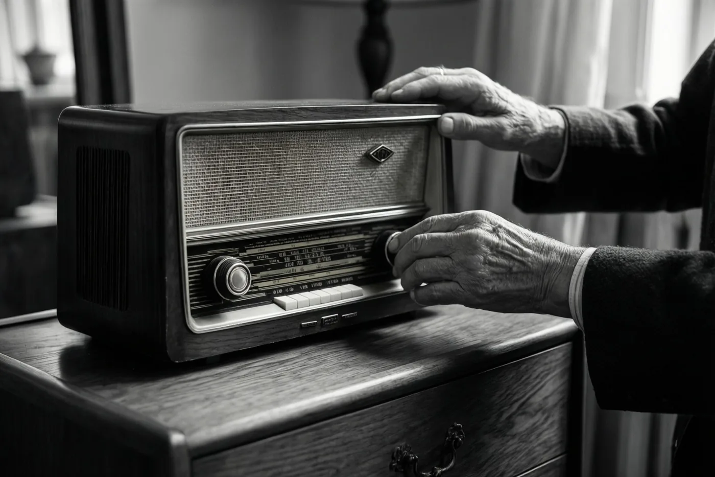 Op een zwart-witfoto stellen de handen van een oudere persoon een oude radio af die op een houten dressoir staat.